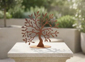 Drzewo Spokoju ozdoba ogrodowa – ażurowa, wolnostojąca dekoracja z metalu w wykończeniu corten