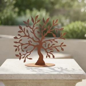 Drzewo Spokoju ozdoba ogrodowa – ażurowa, wolnostojąca dekoracja z metalu w wykończeniu corten