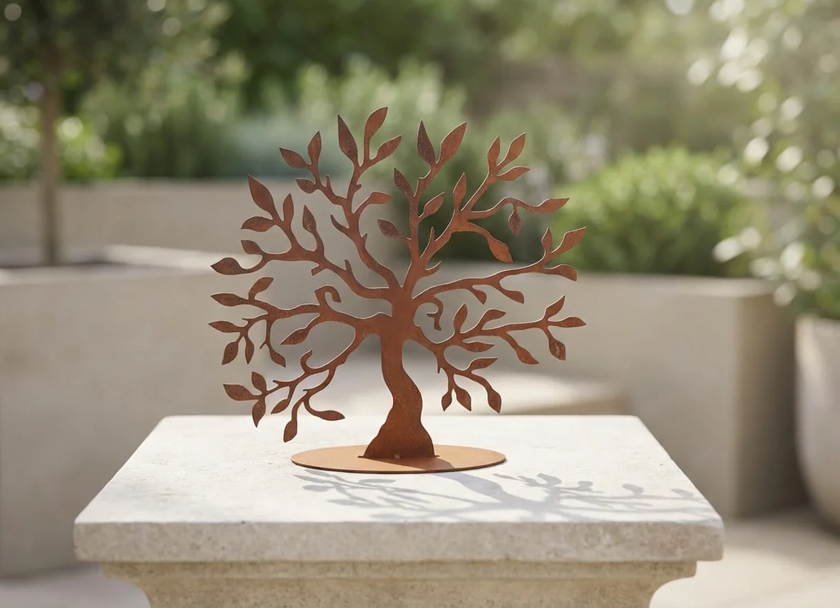 Drzewo Spokoju ozdoba ogrodowa – ażurowa, wolnostojąca dekoracja z metalu w wykończeniu corten