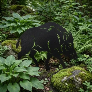 metalowa dekoracja ogrodowa dzik do wbicia w ziemię Dzik Cień Lasu w leśnej aranżacji