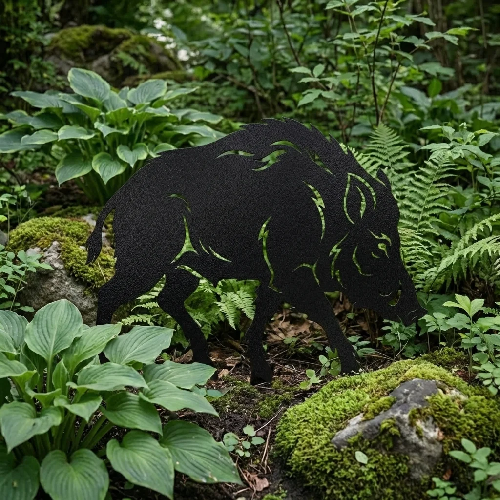 metalowa dekoracja ogrodowa dzik do wbicia w ziemię Dzik Cień Lasu w leśnej aranżacji