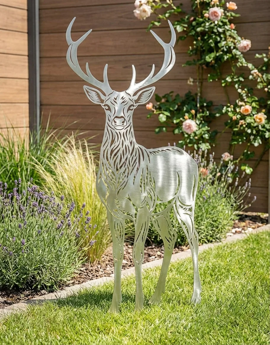 Metalowa dekoracja ogrodowa do wbicia Jeleń Ogrodu na trawniku przy rabacie