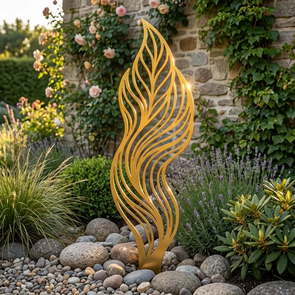 Metalowa dekoracja ogrodowa Płomień Natury do wbicia w ziemię w aranżacji z kamieniami i roślinami