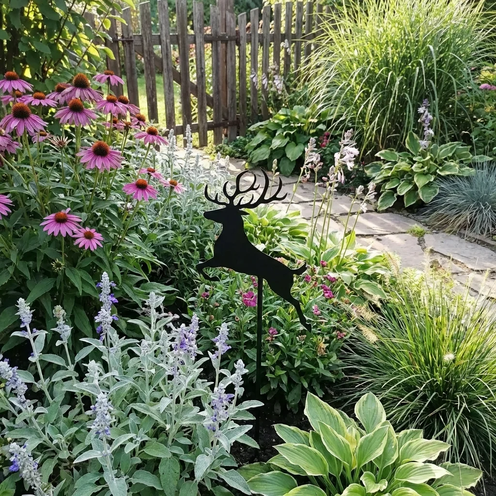 Metalowa dekoracja ogrodowa do wbicia Jeleń Skoczek wśród kwiatów i traw