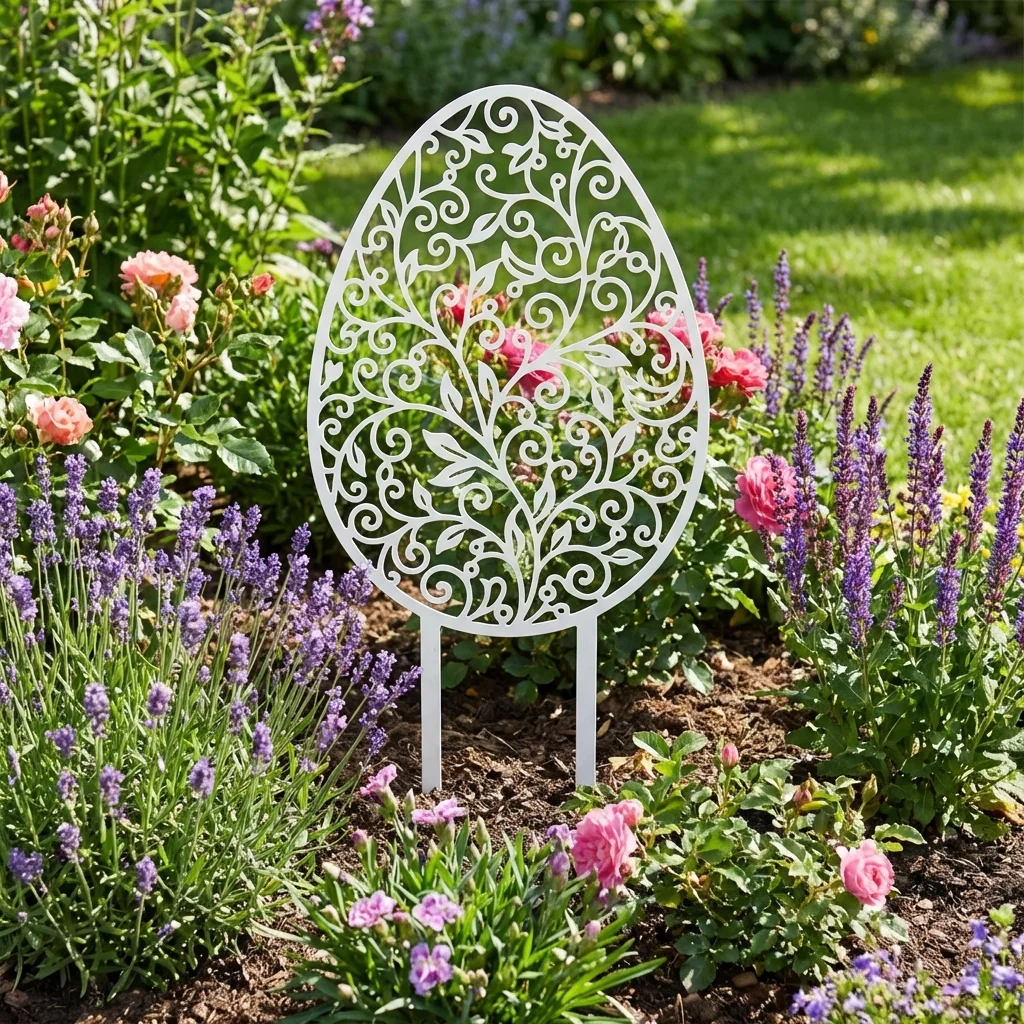 Dekoracja ogrodowa jajko do wbicia w ziemię Jajo Ogrodowe Flora – ażurowe metalowe jajko