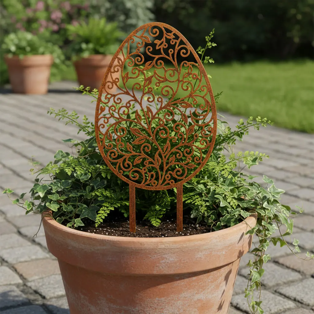 Dekoracja ogrodowa jajko do wbicia w ziemię Jajo Ogrodowe Flora – ażurowe metalowe jajko w cortenie