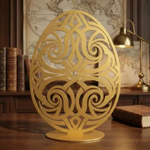 Metalowe jajo dekoracyjne Pałacowa Elegancja – złota ażurowa rzeźba na podstawie