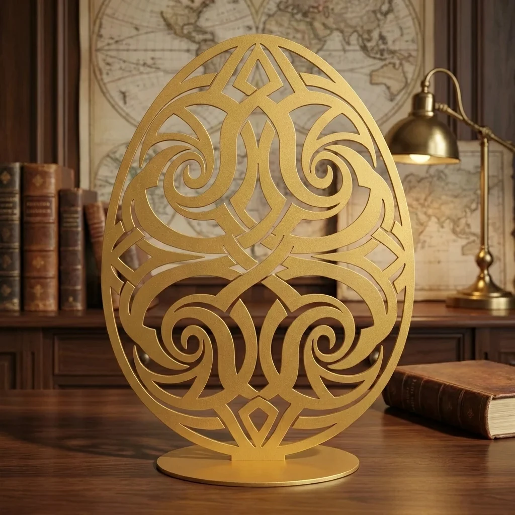 Metalowe jajo dekoracyjne Pałacowa Elegancja – złota ażurowa rzeźba na podstawie