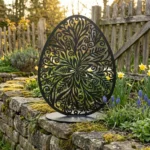 Metalowe jajo dekoracyjne Wiosenna Mandala – stalowa ażurowa rzeźba na podstawie