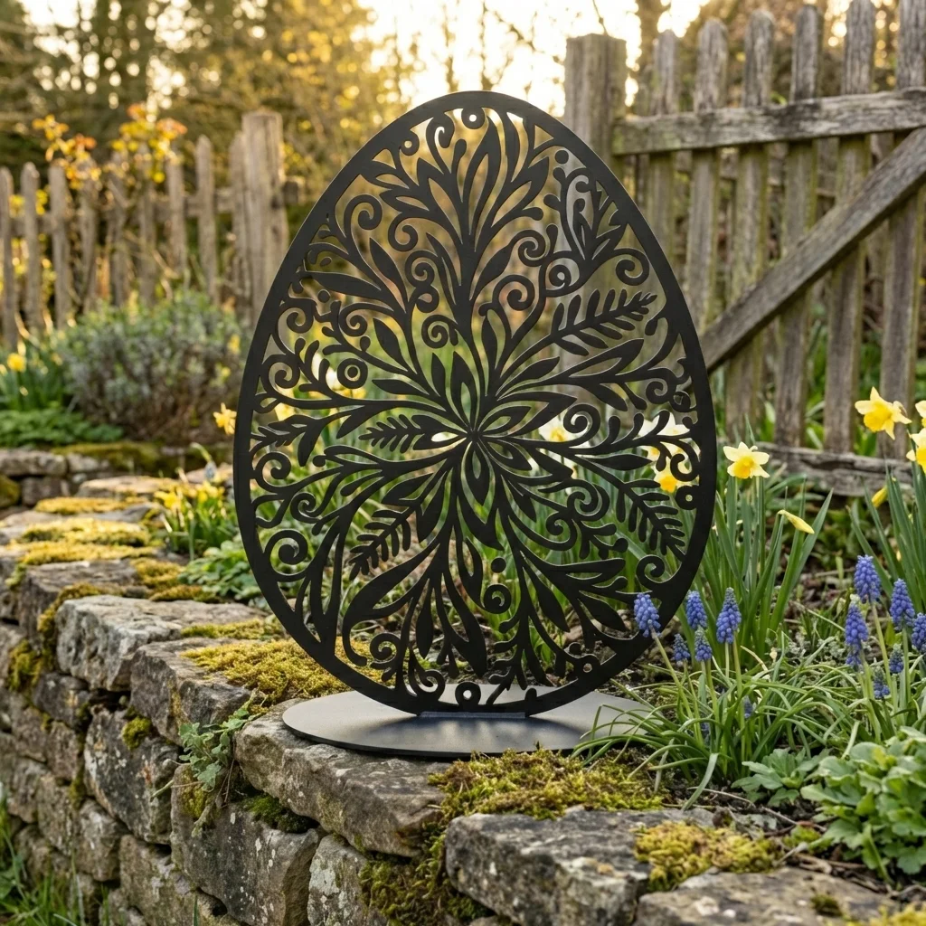 Metalowe jajo dekoracyjne Wiosenna Mandala – stalowa ażurowa rzeźba na podstawie