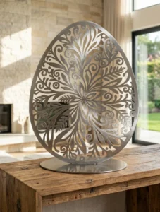 Metalowe jajo dekoracyjne Wiosenna Mandala – stalowa ażurowa rzeźba na podstawie