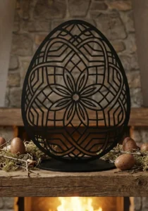 Rzeźba z metalu jajko Królewskie Jajo – czarna ażurowa mandala na podstawie