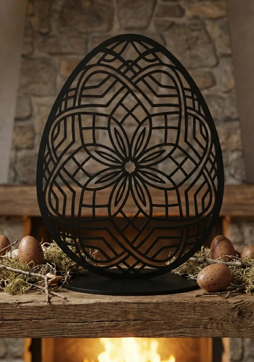Rzeźba z metalu jajko Królewskie Jajo – czarna ażurowa mandala na podstawie