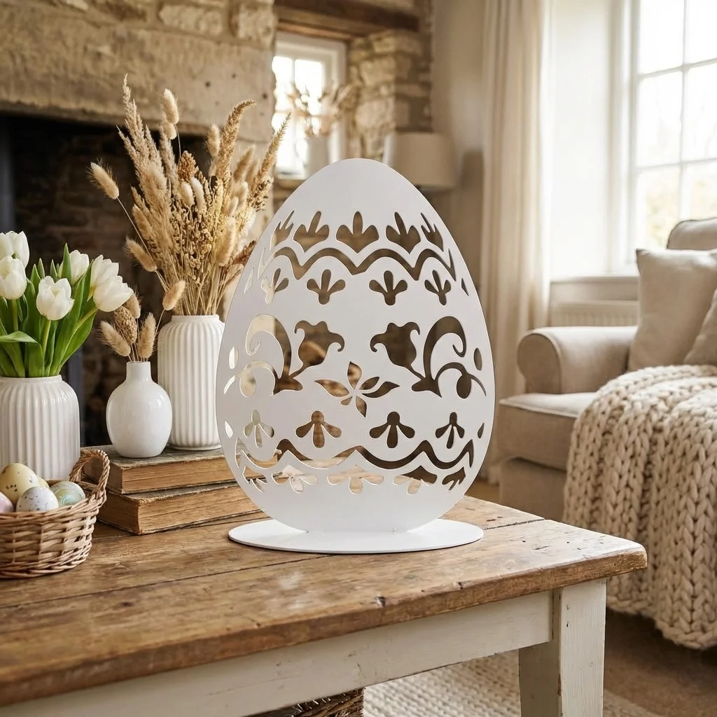 Dekoracja metalowa wolnostojąca jajko Jajo Natury – biała ażurowa rzeźba na podstawie