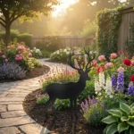 Metalowa dekoracja ogrodowa do wbicia Jeleń Strażnik Ogrodu przy rabacie kwiatowej