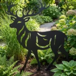 Metalowa dekoracja ogrodowa do wbicia Jeleń Król Boru wśród traw i paproci