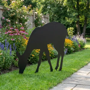 Metalowa dekoracja ogrodowa do wbicia Cichy Jeleń na trawniku przy rabacie