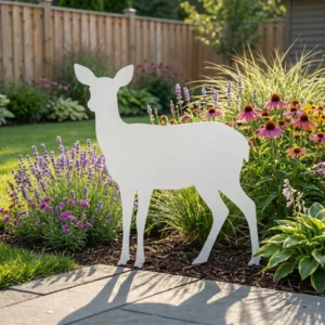 metalowa dekoracja ogrodowa jelonek do wbicia w ziemię Jelonek Poranka w ogrodzie