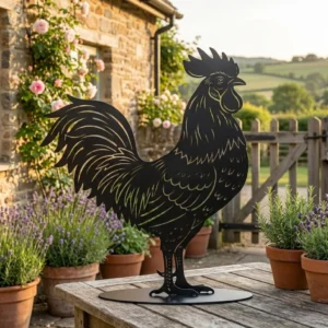 Kogut ogrodowy sylwetka ogrodowa – wolnostojąca dekoracja z metalu w czarnym wykończeniu