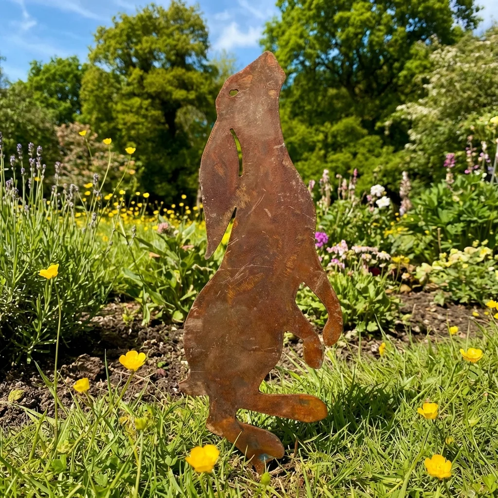 Metalowa dekoracja ogrodowa do wbicia Zając w Czujce w kolorze corten na trawniku