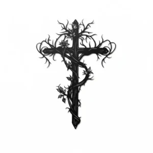 Krzyż metalowy na ścianę z motywem winorośli – czarna dekoracja ścienna z metalu