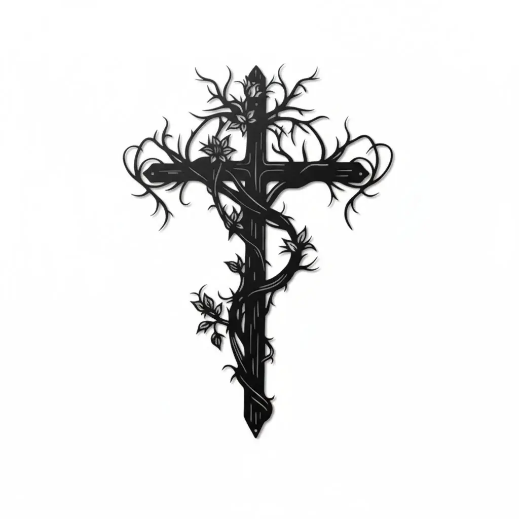 Krzyż metalowy na ścianę z motywem winorośli – czarna dekoracja ścienna z metalu