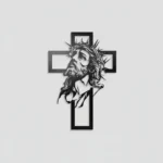 Krzyż metalowy na ścianę z wizerunkiem Chrystusa w koronie cierniowej – czarna dekoracja z metalu