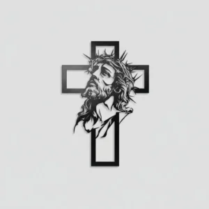 Krzyż metalowy na ścianę z wizerunkiem Chrystusa w koronie cierniowej – czarna dekoracja z metalu