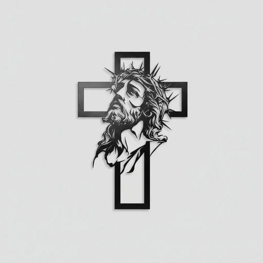 Krzyż metalowy na ścianę z wizerunkiem Chrystusa w koronie cierniowej – czarna dekoracja z metalu