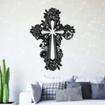 Krzyż metalowy na ścianę z motywem kwiatowym – czarna dekoracja ścienna z metalu