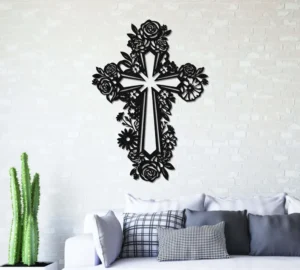 Krzyż metalowy na ścianę z motywem kwiatowym – czarna dekoracja ścienna z metalu
