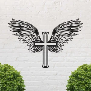 Krzyż metalowy na ścianę ze skrzydłami – dekoracja ścienna z metalu
