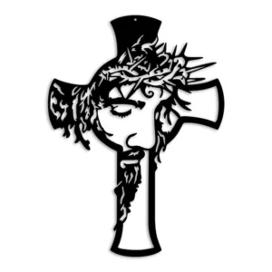 Krzyż metalowy na ścianę z obliczem Chrystusa – dekoracja ścienna z metalu