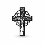 Krzyż metalowy na ścianę z motywem Drzewa Życia w kole – czarna dekoracja z metalu