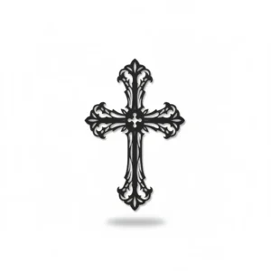 Krzyż metalowy na ścianę o klasycznym ornamentowym wzorze – czarna dekoracja z metalu