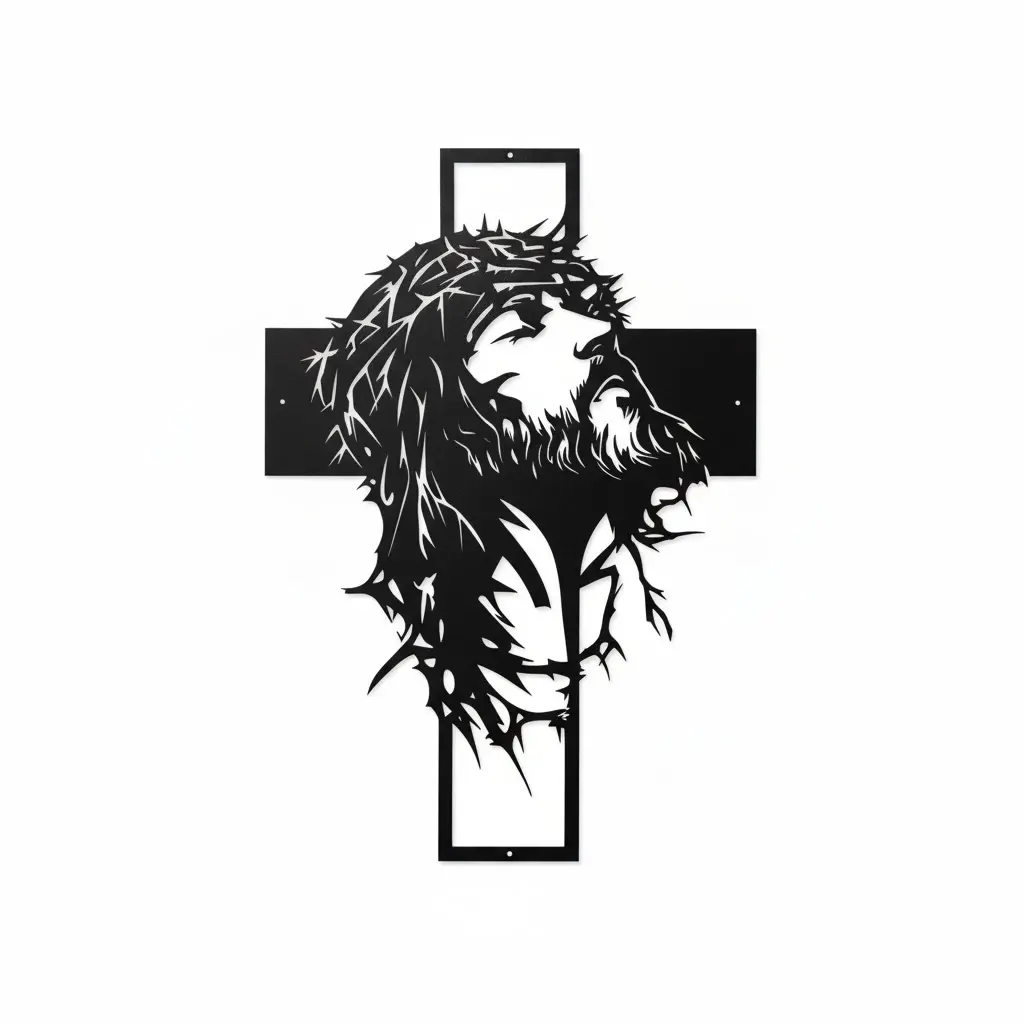 Metalowy krzyż ścienny z wizerunkiem Oblicza Chrystusa – czarna dekoracja z metalu