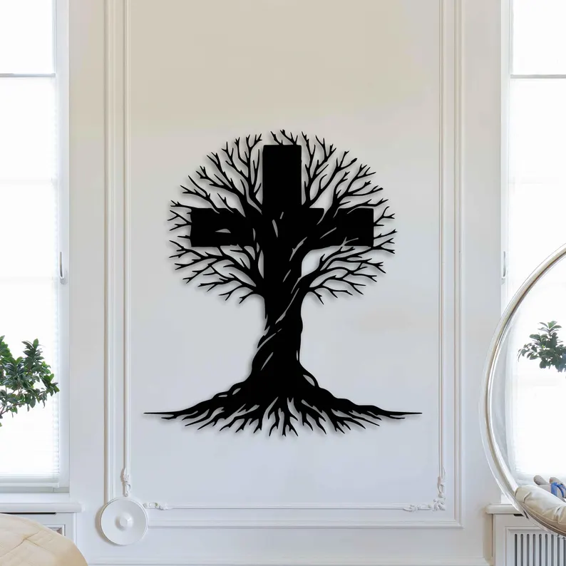 Krzyż metalowy na ścianę Drzewo Życia – czarna dekoracja ścienna z metalu