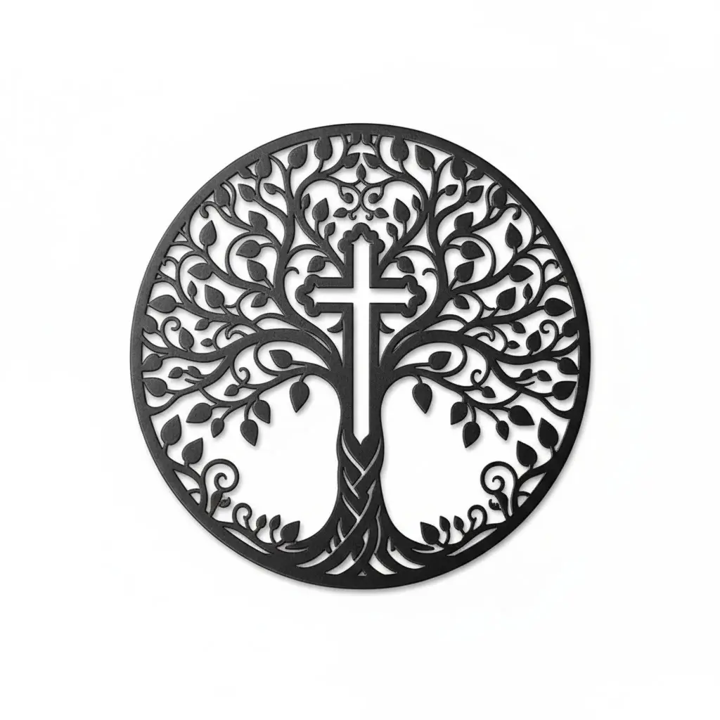 Krzyż metalowy na ścianę Drzewo Życia w okrągłej formie – dekoracja z metalu