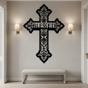 Krzyż metalowy na ścianę Blessed – czarna metalowa dekoracja ścienna