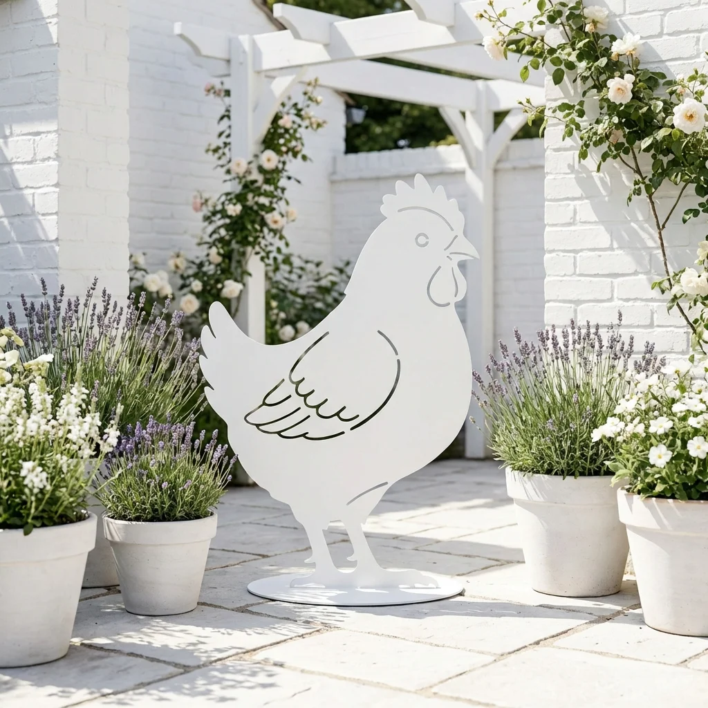 Wiosenna kurka sylwetka ogrodowa – wolnostojąca dekoracja z metalu w białym wykończeniu