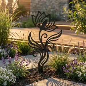 Metalowa dekoracja ogrodowa Kwiat Harmonia Ogrodu do wbicia w ziemię na rabacie przy tarasie