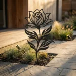 Metalowa dekoracja ogrodowa Róża Ciszy Ogrodu do wbicia w ziemię na rabacie przy ścieżce ogrodowej