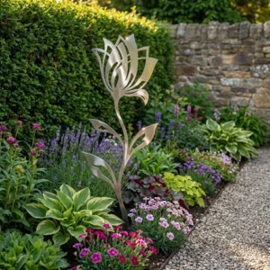 Metalowa dekoracja ogrodowa Kwiat Spokojnego Światła do wbicia w ziemię na rabacie przy ścieżce
