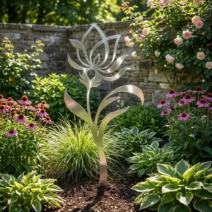 Metalowa dekoracja ogrodowa Kwiat Cichej Harmonii do wbicia w ziemię na rabacie przy ścieżce