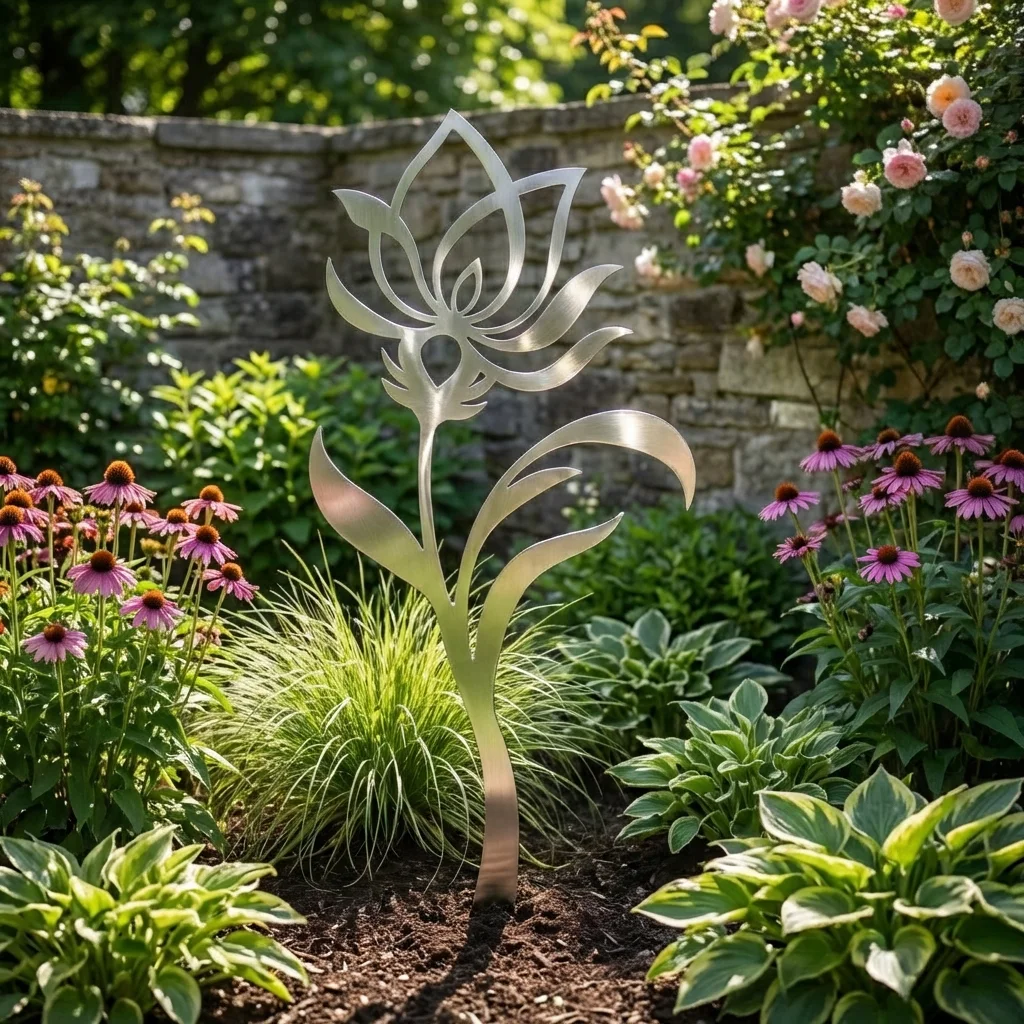 Metalowa dekoracja ogrodowa Kwiat Cichej Harmonii do wbicia w ziemię na rabacie przy ścieżce
