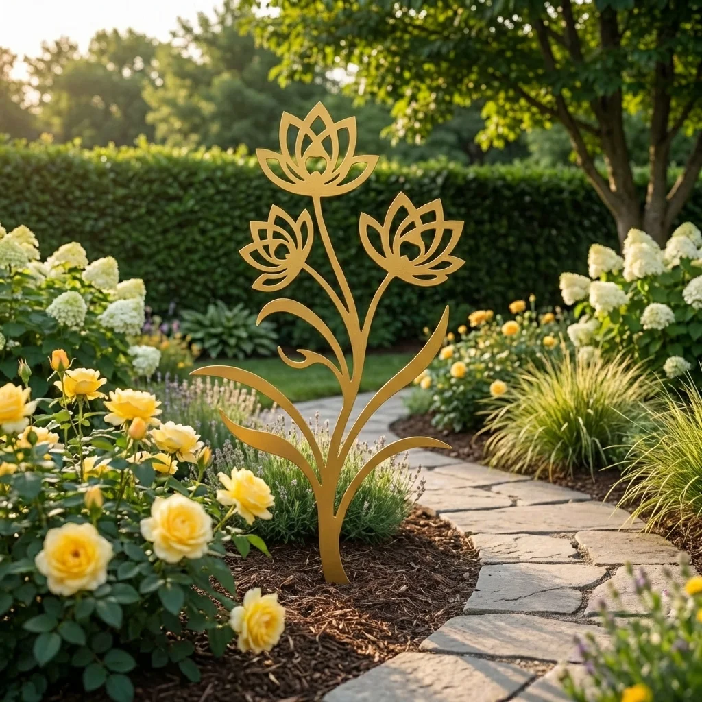 Metalowa dekoracja ogrodowa Ogród w Rozkwicie do wbicia w ziemię przy ścieżce w rabacie kwiatowej
