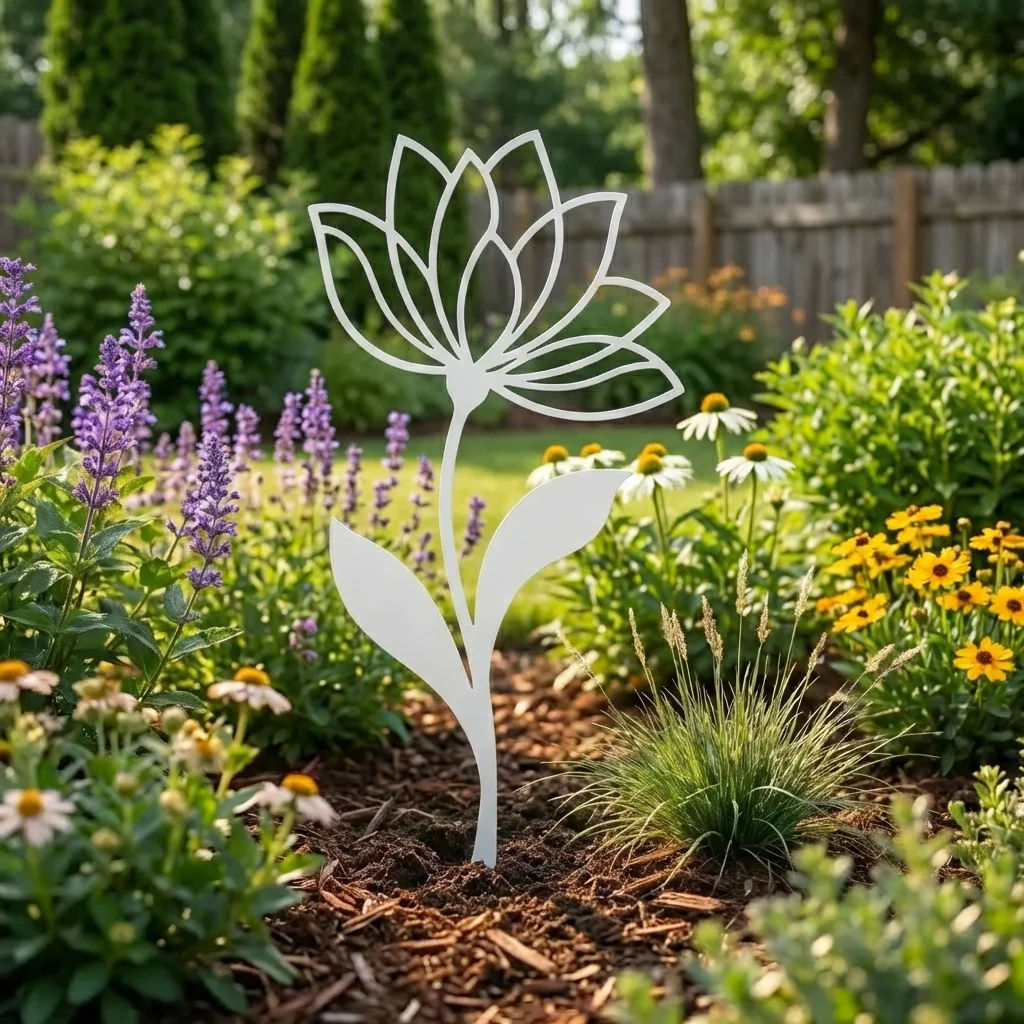 Metalowa dekoracja ogrodowa Kwiat Lekkiej Harmonii do wbicia w ziemię na rabacie wśród kwiatów