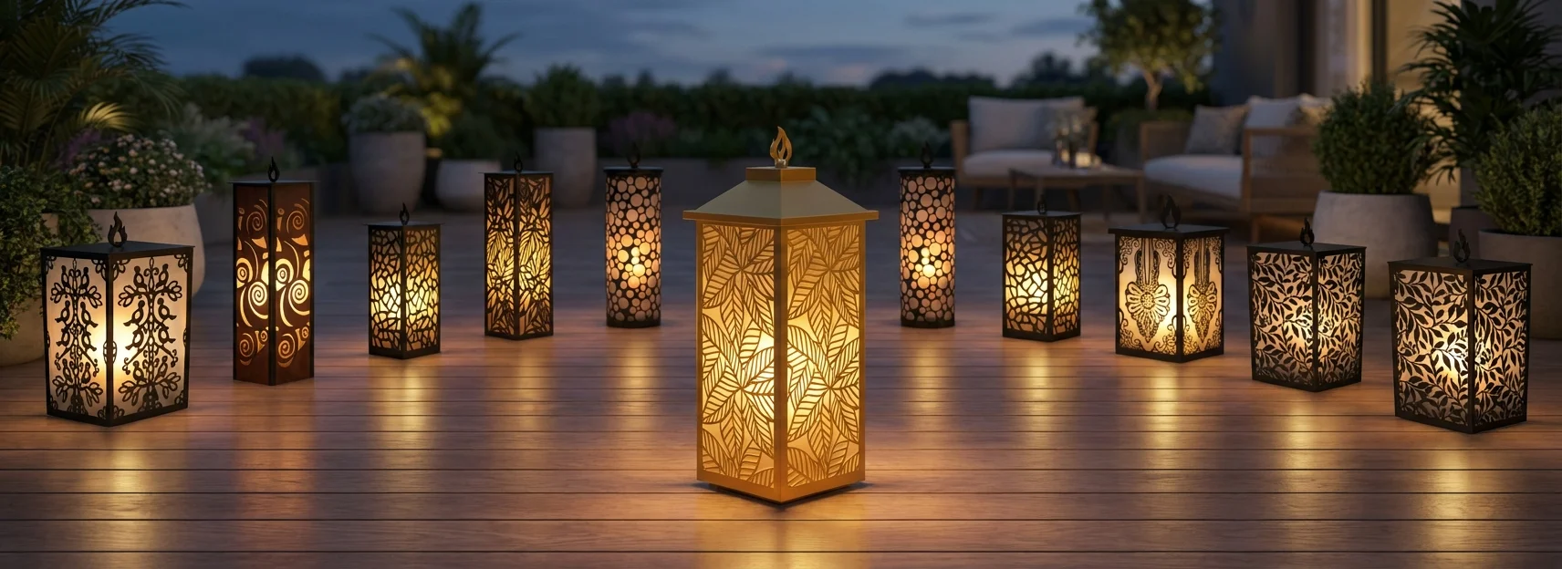 Lampiony dekoracyjne z metalu – do ogrodu, tarasu i wejścia, możliwość podświetlenia
