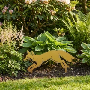 Metalowa dekoracja ogrodowa do wbicia Skaczący Lis wśród roślin i traw