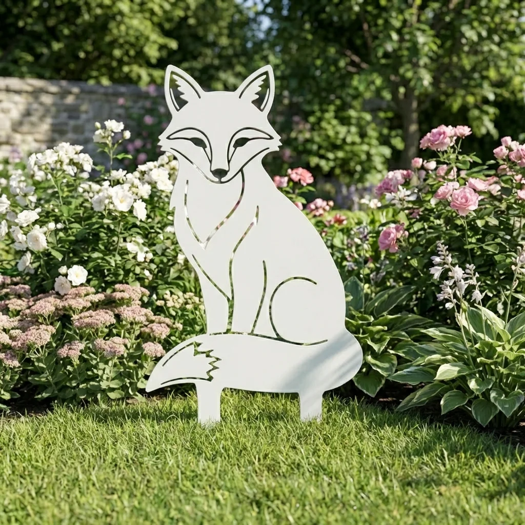 Metalowa dekoracja ogrodowa do wbicia Leśny Lisek na trawniku wśród kwiatów